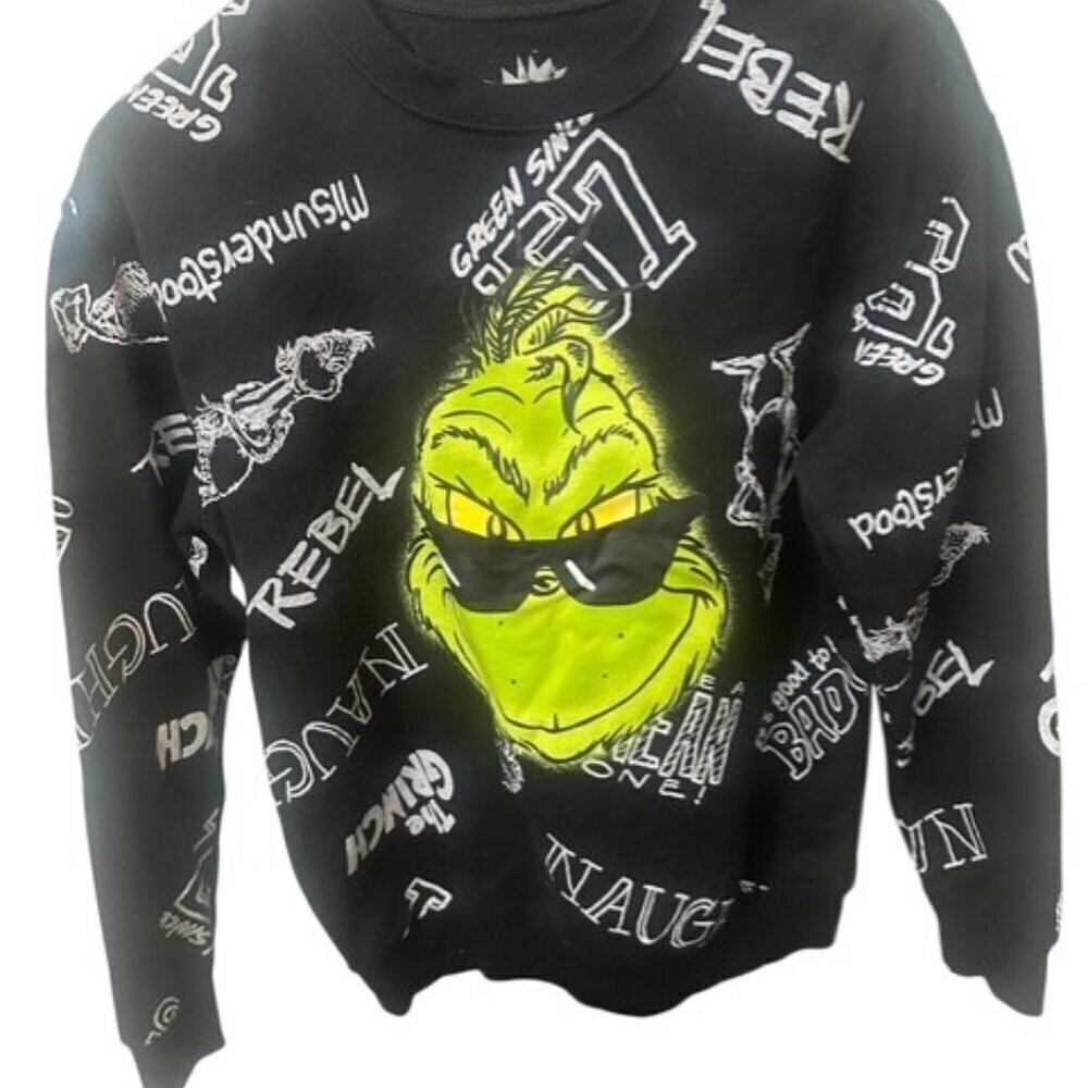 Dr. Seuss Grinch Women's Black Sweatshirt All Over Graphic Print Size Small EUC - Picture 2 of 5
